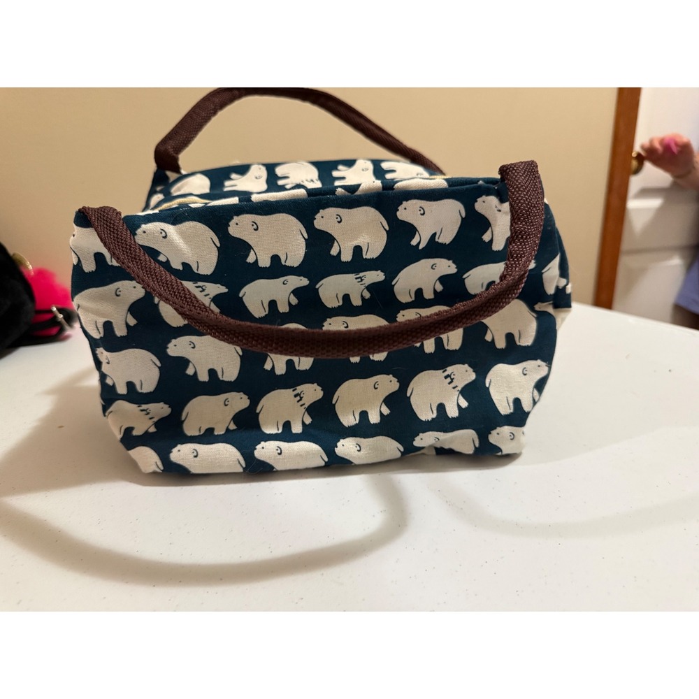 Navy Blue Polar Bear Print Insulated Lunch Bag Canvas Zippered Tote